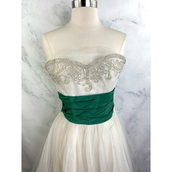Vintage 1950s Cupcake Prom Dress SZ XS Gown Tulle Strapless white green sequence - Picture 12 of 16